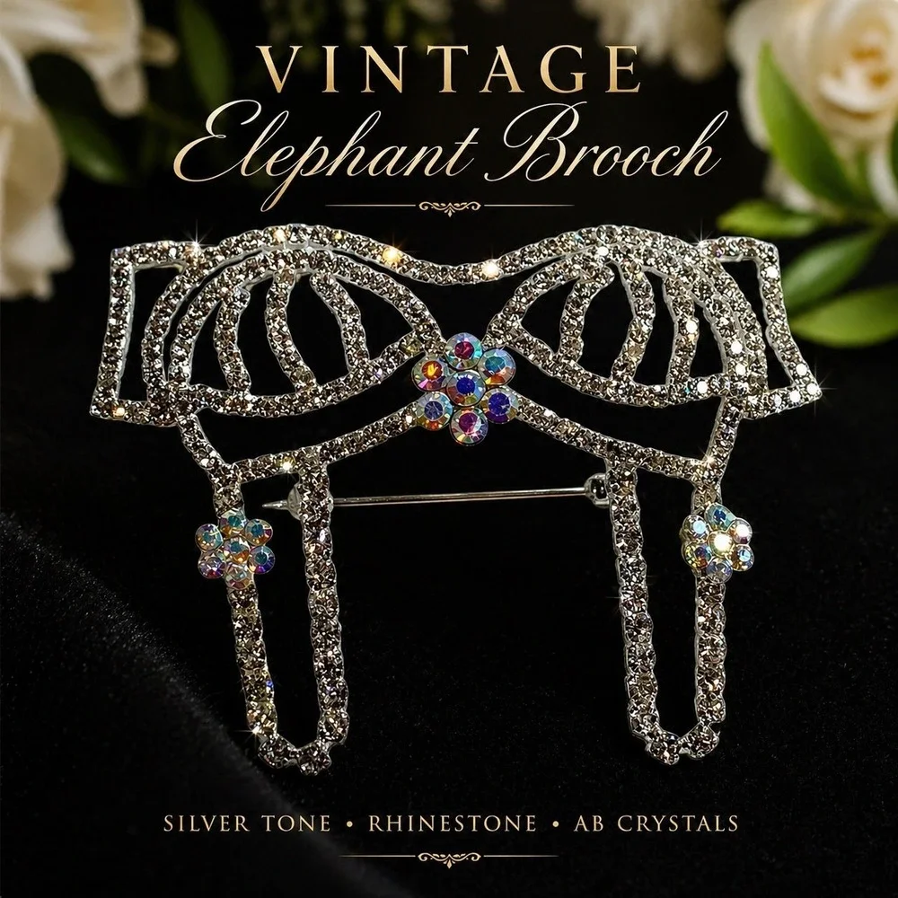 Vintage Elephant Brooch Silver Tone Rhinestone AB Crystal‎ Flower Statement Pin
